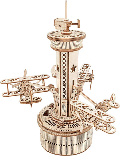 Robotime Rokr 3D Wooden Puzzles For Adults DIY Musical Box Model Kit To Build Self-Assembly Building Kit Airplane- Control Tower