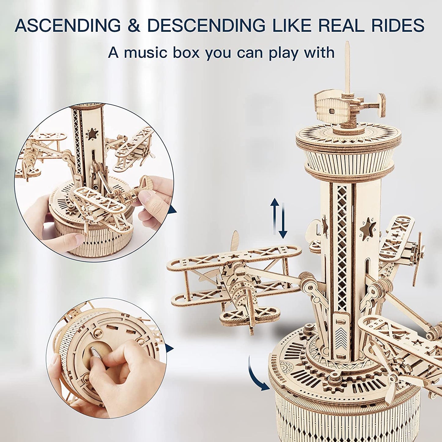 Robotime Rokr 3D Wooden Puzzles For Adults DIY Musical Box Model Kit To Build Self-Assembly Building Kit Airplane- Control Tower