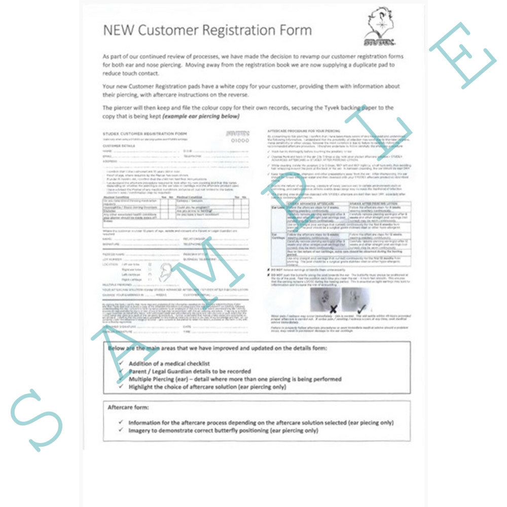 STUDEX Ear Piercing Registration Consent Forms A4 Duplicate Pad