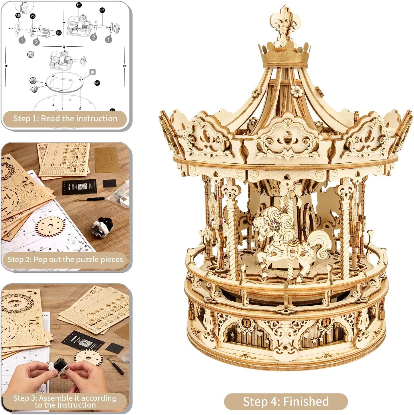Robotime Rokr 3D Wooden Puzzles Construction Model Kit DIY Music Box Building Kits Rotating - Romantic Carousel